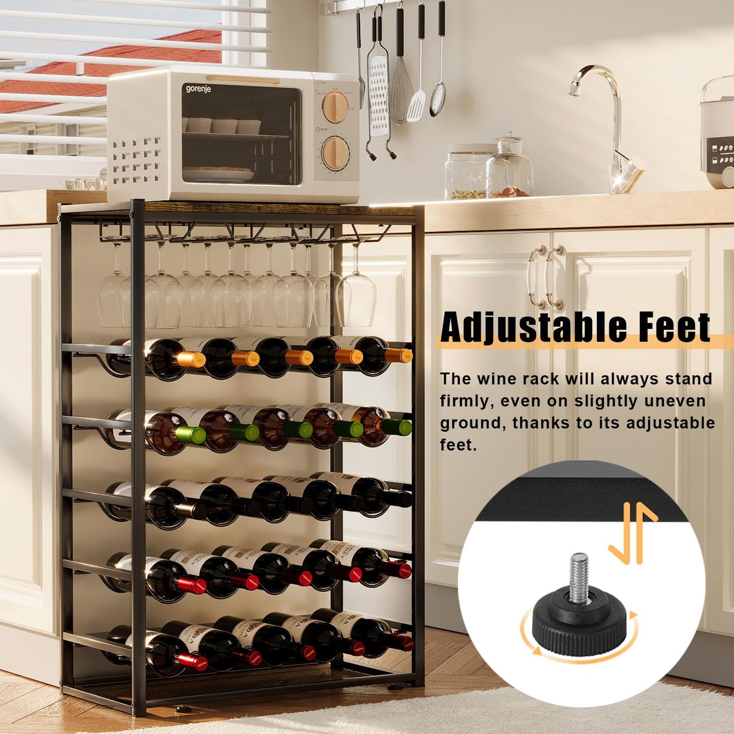 Urban Deco Wine Rack Free Standing Floor for 30 Bottles, 6-Tier Wine Bottle Holder with Metal Frame and Wooden Tabletop, Liquor Shelf for Kitchen Bar Dining Room Living Room, Black