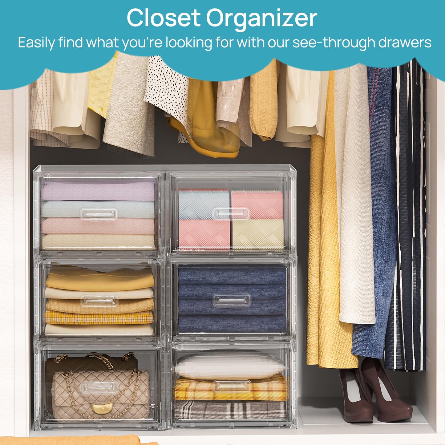 Vtopmart 4 Large Stackable Clear Acrylic Drawer Organizer with Handles, Easy Assembly for Bathroom, Kitchen Cabinet, Closet, Makeup