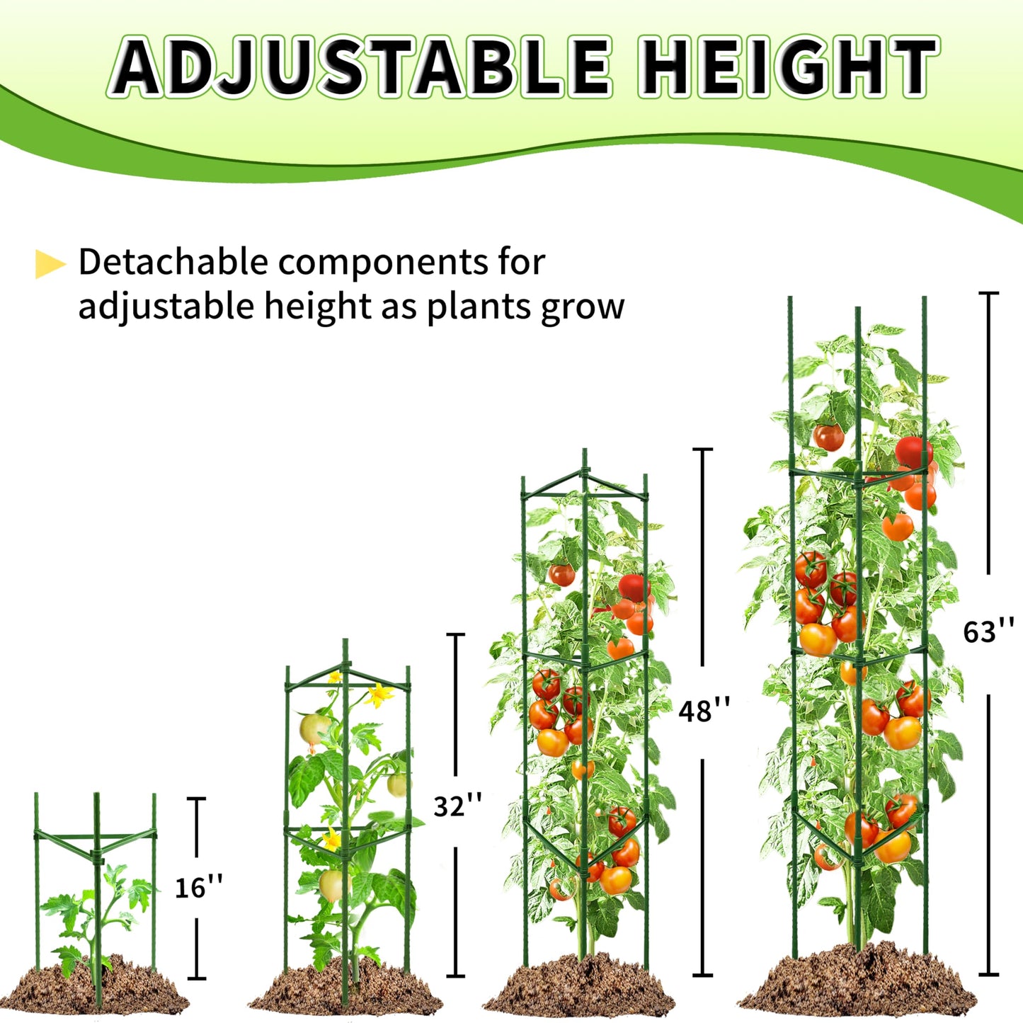 6-Pack 63-Inch Adjustable Tomato Cages, Heavy-Duty Metal Plant Support Trellis for Garden and Pots, DIY Tomato Stakes, Height Adjustable 16 to 378 Inches