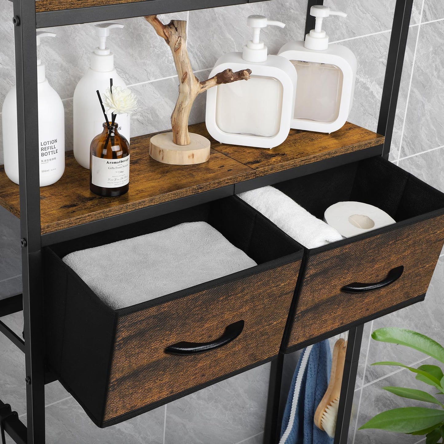 ETELI Over The Toilet Storage Cabinet Bathroom Storage Cabinet Over Above Toilet Shelf Bathroom Shelf Organizer with Fabric Drawers, Rustic Brown