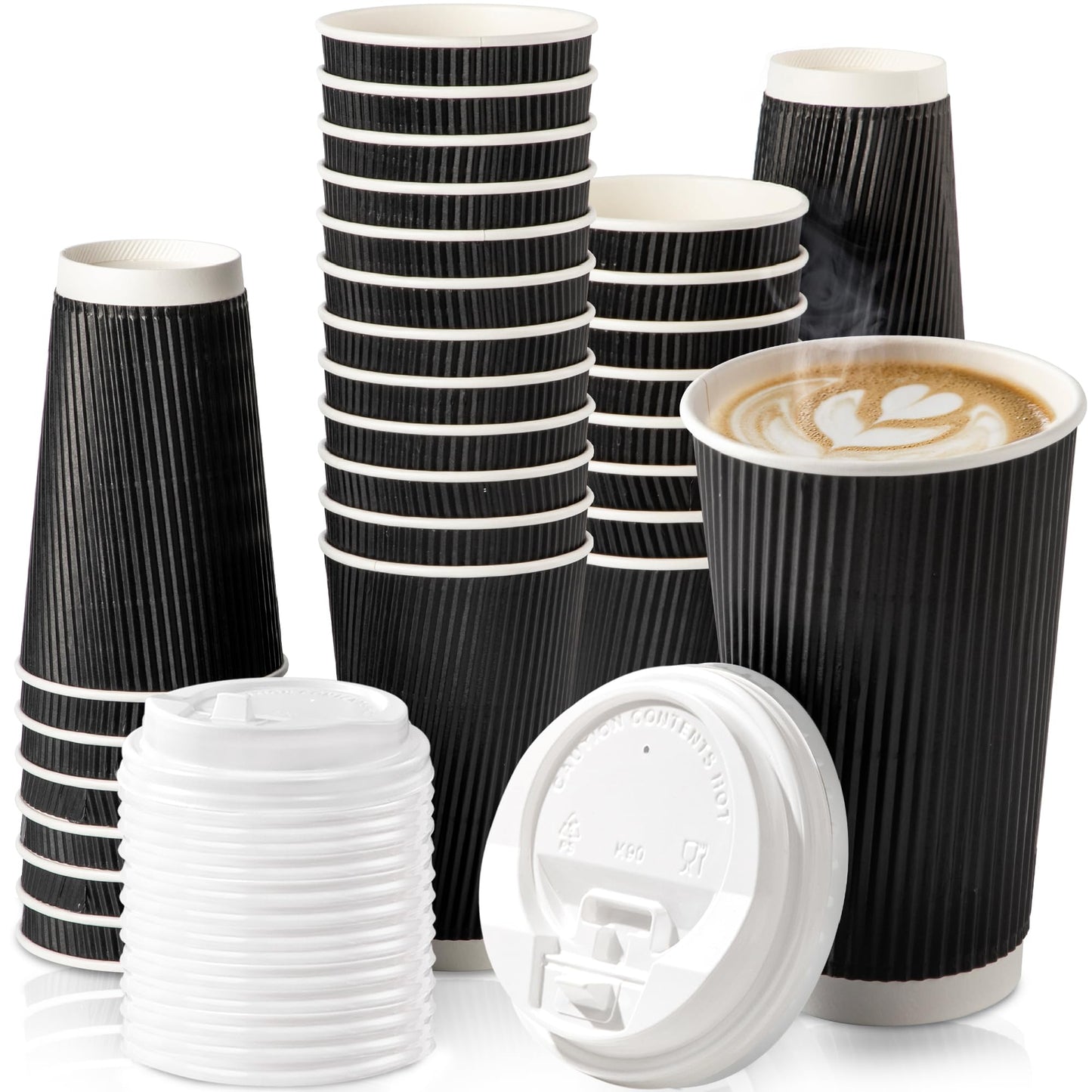 Fit Meal Prep 50 Pack 16 oz Black Disposable Coffee Cups with Lids, Corrugated Triple Wall To Go Hot Cups, Insulated Paper Coffee Cups for Hot Beverages, Travel, Home, Office (White Lids)