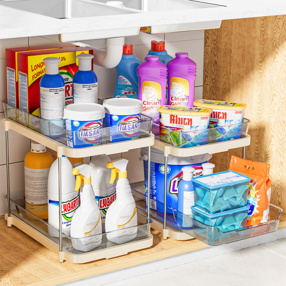 Delamu 2-Tier Multi-Purpose Bathroom Under Sink Organizers and Storage, Stackable Kitchen Pantry Organization, Pull Out Medicine Cabinet Organizer with Movable Dividers, Beige, 2 Pack