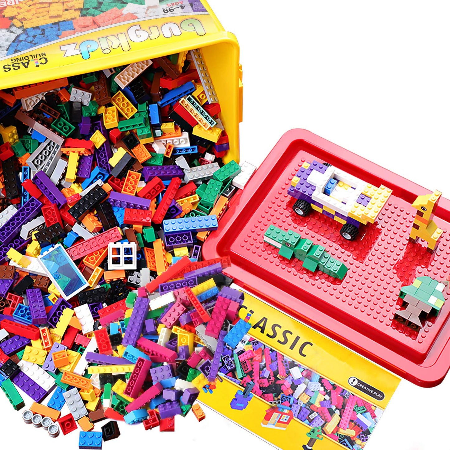 Building Bricks 520 Pieces Set, 500 Basic Building Blocks in 17 Shapes Includes Wheels, Door, Window, Bulk Block with Reusable Storage Box and Building Base Plate, Compatible to All Major Brands