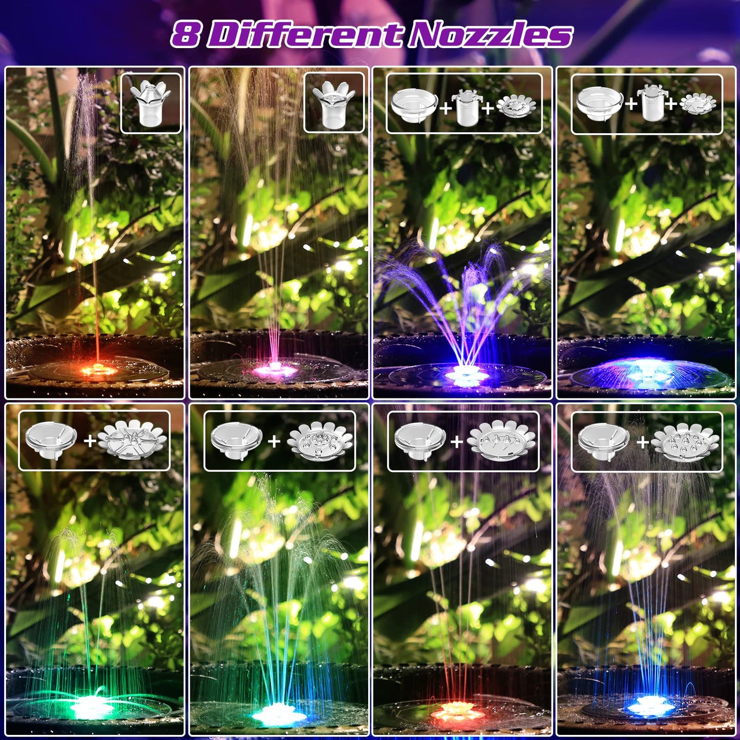 AISITIN 5.5W LED Solar Fountain Pump 2026 Upgraded Glass (215mm), 3000 Battery Solar Powered Fountain Pump with 8 Nozzle & 8 LED & 3 Retractable Stand, for Bird Bath, Outdoor Garden, Patio, Pond