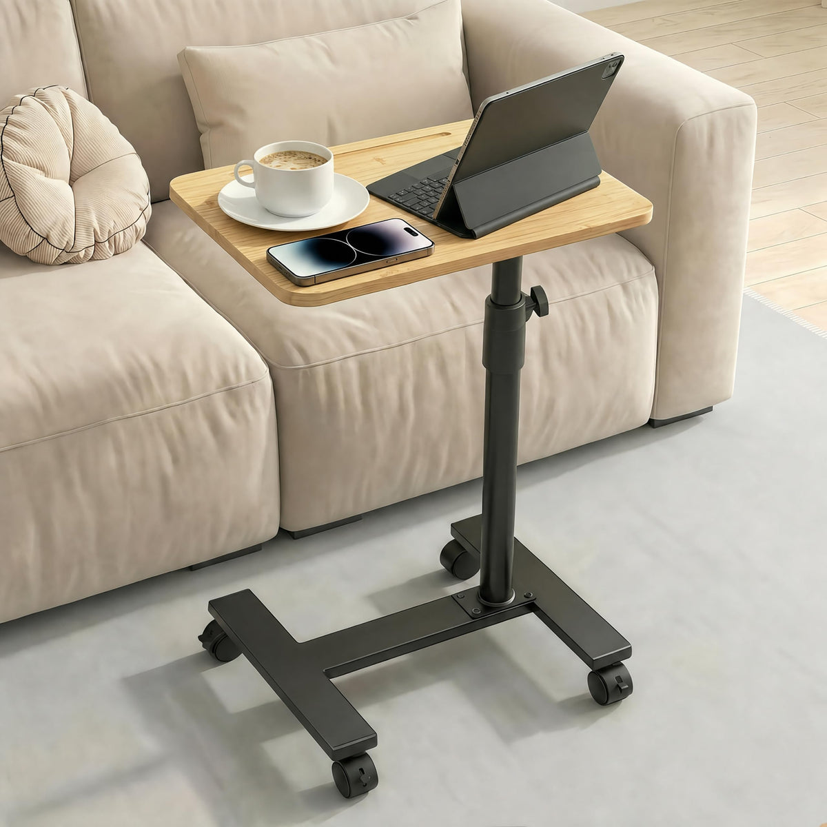 C Shaped TV Tray Table, 360° Swivel Adjustable Height Sofa Side Stand End for Couch, Living Room, Small Mesa para Laptop with Phone Slot, for Bedside, Recliner, Eating, Bamboo-Wood, with Wheels