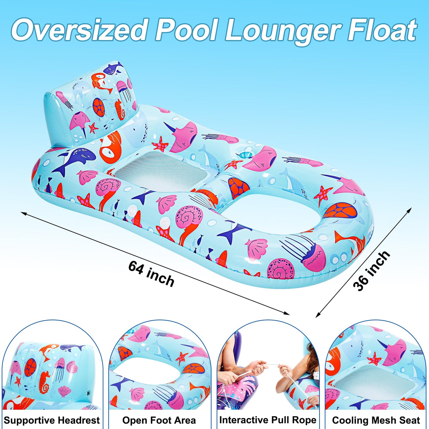 PuppyuWill 2 Pack Pool Floaties for Adults,Inflatable Pool Lounger Float Heavy Duty with Cup Holder, Backrest & Footrest Pool Lounge Float Extra Large Pool Rafts for Adults Beach Lake Party
