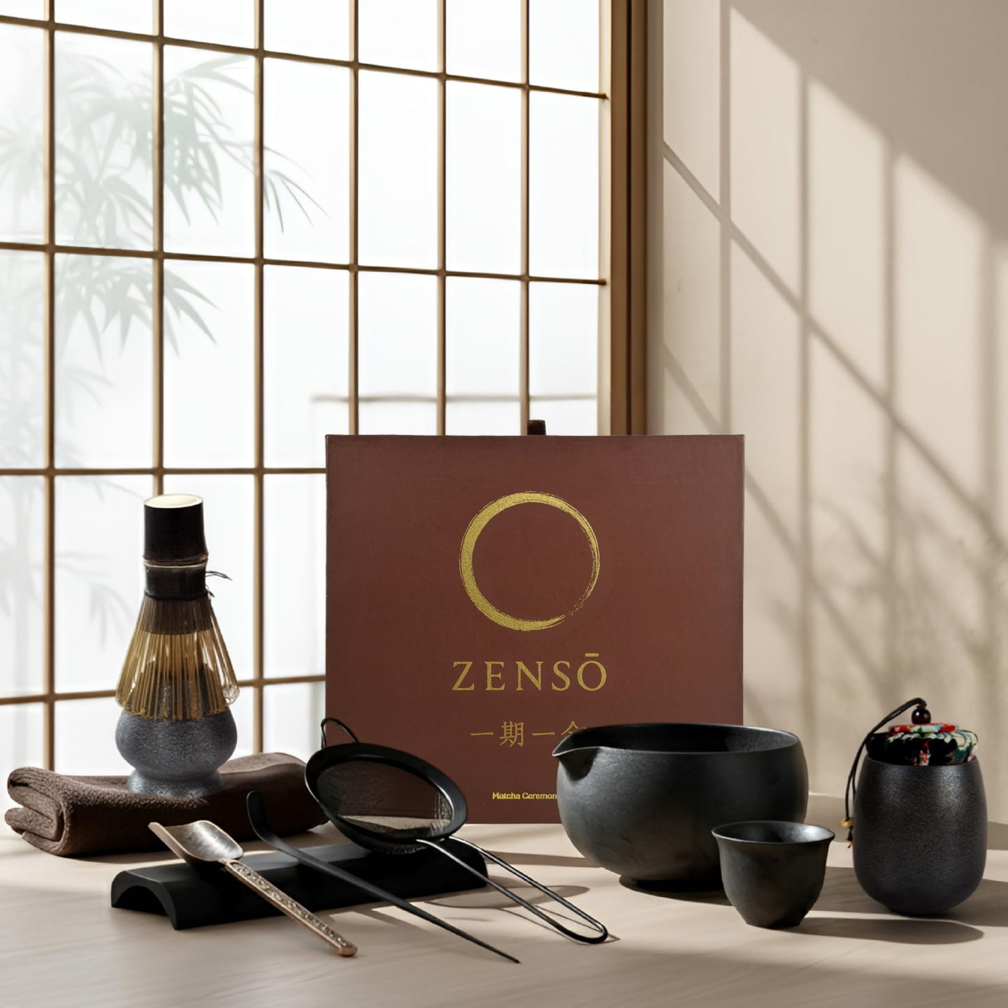 ZENSO Premium Matcha Whisk Set – 10 Piece Japanese Matcha Tea Ceremony Kit | Matcha Bowl, Tea Canister, Purple Bamboo Whisk, Whisk Holder, Sifter, Scoop & Scoop Holder, Cup, Cloth, Spoon - Dark Gray