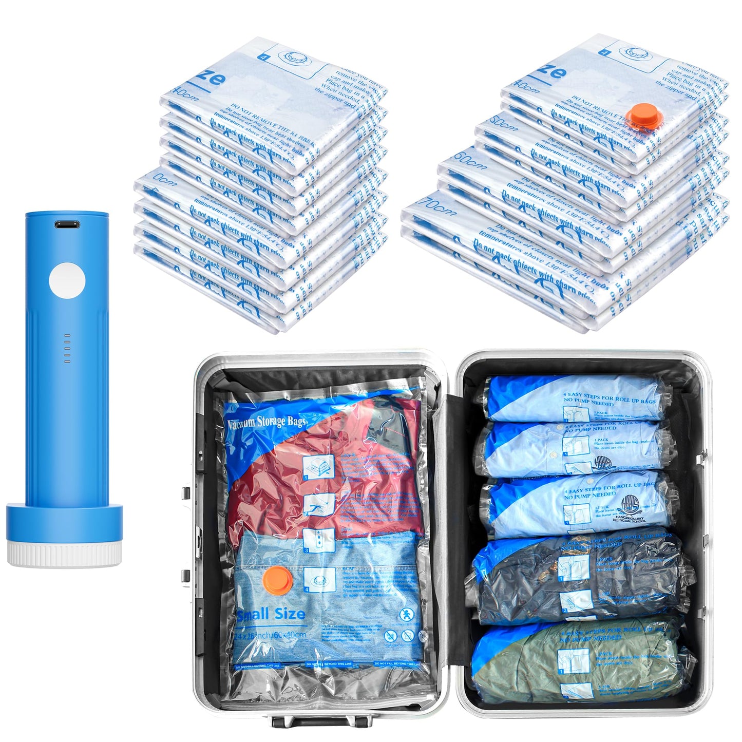 16Pack Vacuum Travel Bags with Portable Electric Pump,(2J/2L/2M2S/4 ROLLER BAG/4 SMALL ROLLER BAG),Travel Vacuum Bag with Pump, vacuum seal bags for clothing travel