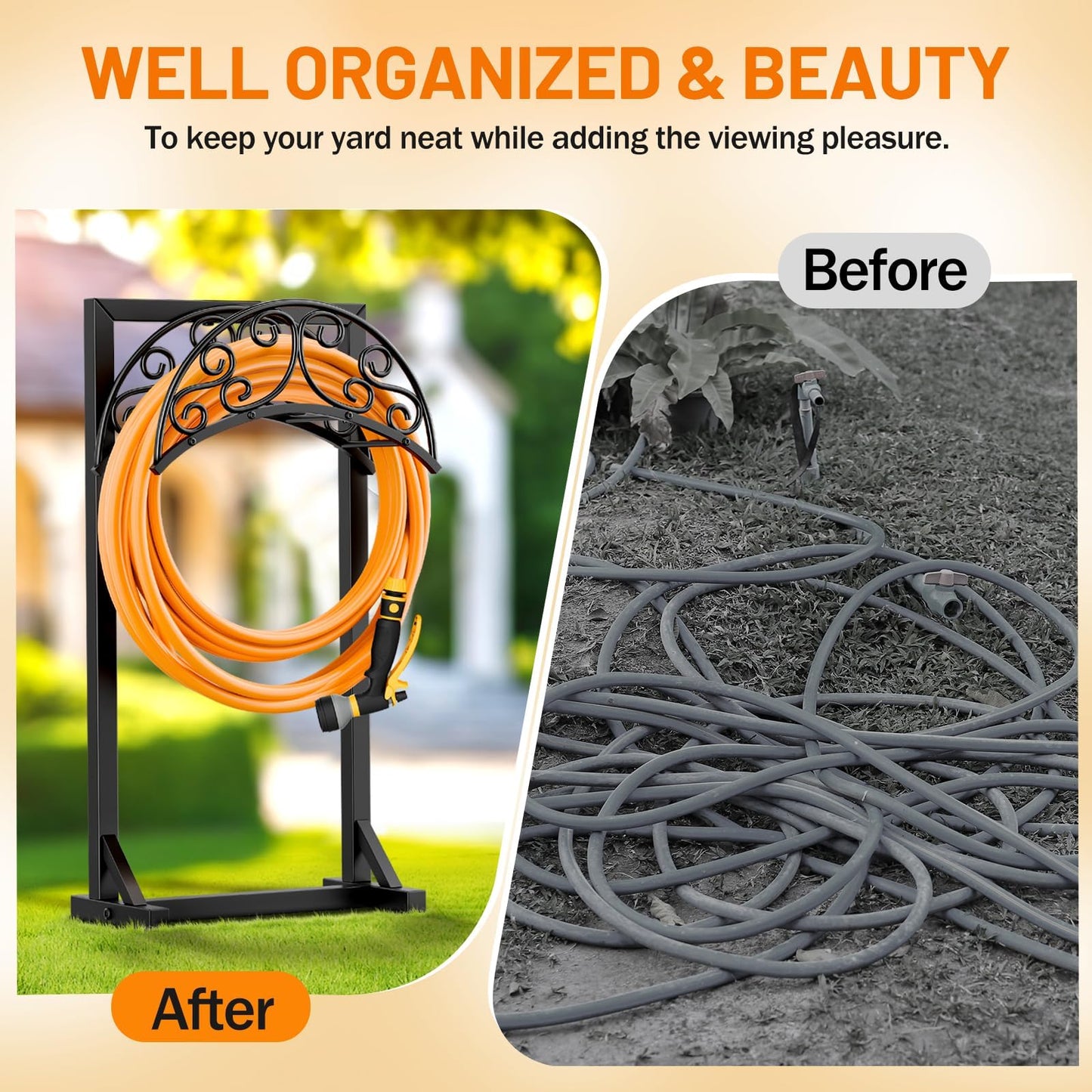 Jvgoo Garden Hose Holder for Outside - Upgraded Water Hose Stand With 5 Spikes & 2 Shepherds Hooks, Freestanding Heavy Duty Hanger Storage Reel Rack for Yard Lawn