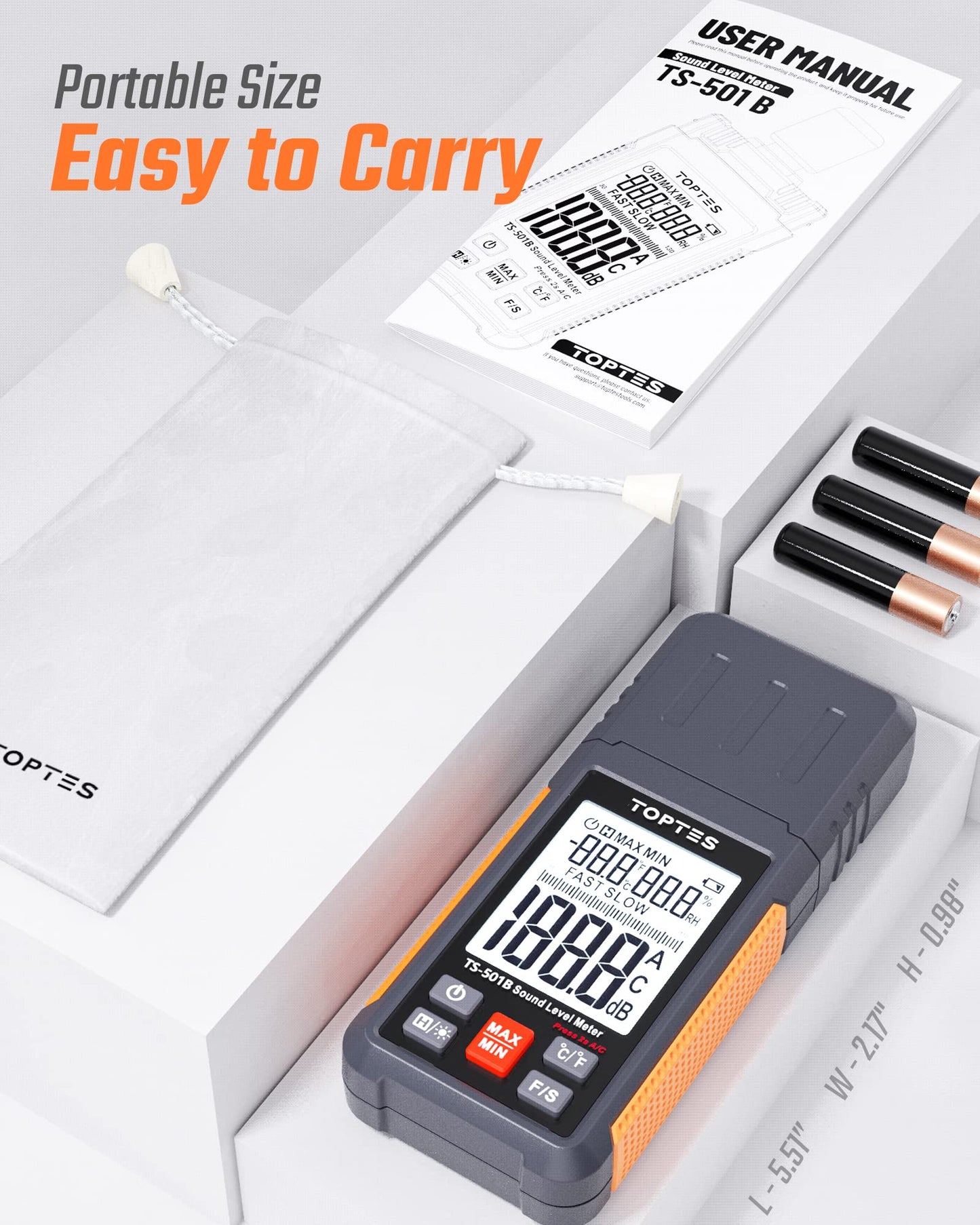 TopTes TS-501B Sound Level Meter with 2.24” Backlit LCD Screen, A/C Weighted Decibel Meter, Range 30-130dB, Temperature & Humidity, MAX/MIN, Data Hold, Use for Home, Noisy Neighbor, Factory - Orange