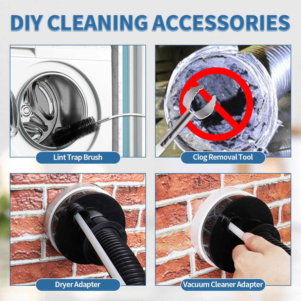 Bluesea 40 Feet Dryer Vent Cleaning Kit, Strong Nylon Cleaning System with Flexible Lint Trap Brush, Vacuum Attachment, and Adapters