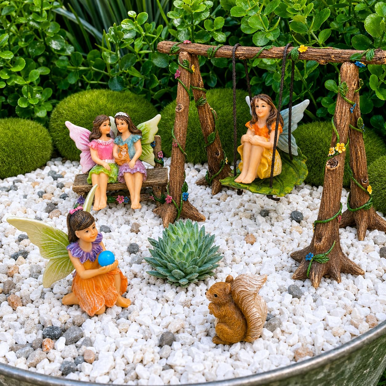 Mood Lab Fairy Garden Swing Set - Miniature Figurines & Accessories (6 pcs) - Indoor Outdoor Garden Decor