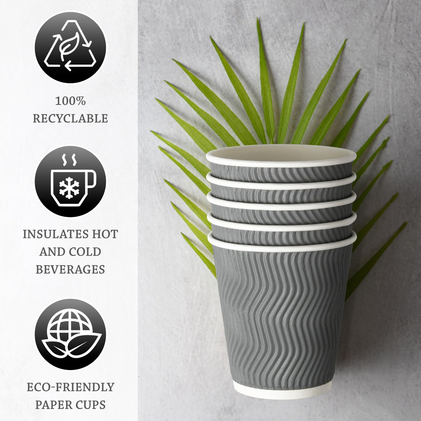 NYHI Set of 150 Ripple Insulated Gray Paper Cups Coffee Tea Hot Cups Recyclable 3 Layer Rippled Wall For Better Insulation Perfect for Cappuccino Hot Coco or Iced Drinks (10 oz -150 pack)