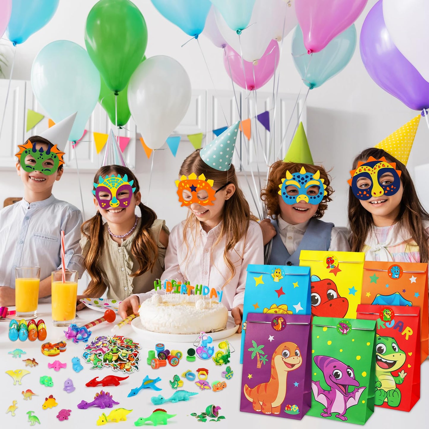 RichSmile 352PCS Dinosaur Party Favors, Dinosaur Birthday Party Decorations Supplies, Stickers Keychains Goodie Bags for Kids Birthday Gifts, Dino Slingshot Finger Fidget Toys Bulk