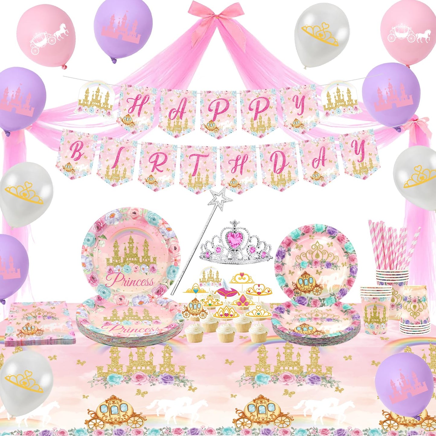Princess Birthday Party Supplies, Includes Banner, Plates, Tulle, Napkins, Cake Toppers, Crowns, Wands, Balloons, Tablecloths, for Girls Princess's Themed Baby Shower Decorations, Serve 20 (Style A)