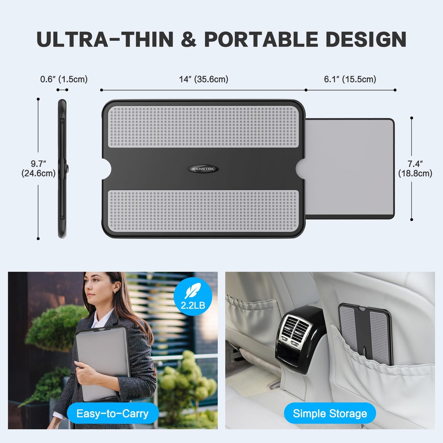 AboveTEK Portable Laptop Lap Desk w/Retractable Left/Right Mouse Pad Tray, Non-Slip Heat Shield Tablet Notebook Computer Stand Table w/Sturdy Stable Cooler Work Surface for Bed Sofa Couch or Travel