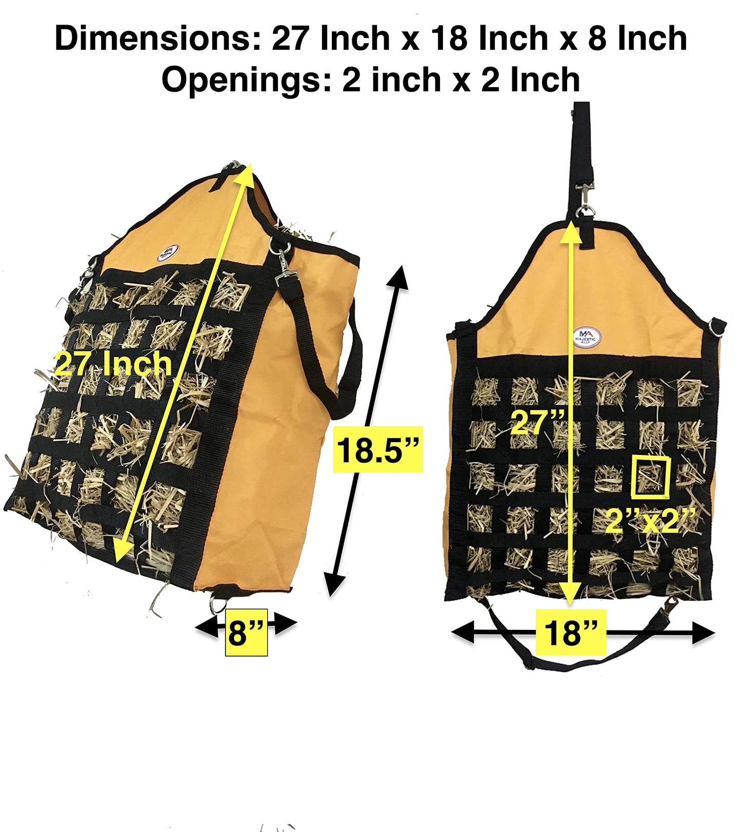 Majestic Ally Slow Feed Hay Bag for Horses, Adjustable Travel Feeder for Trailer, Stall, and Portable Wear, Feeding Sack with Strap Support, Simulates Grazing, Reduces Waste (Black)