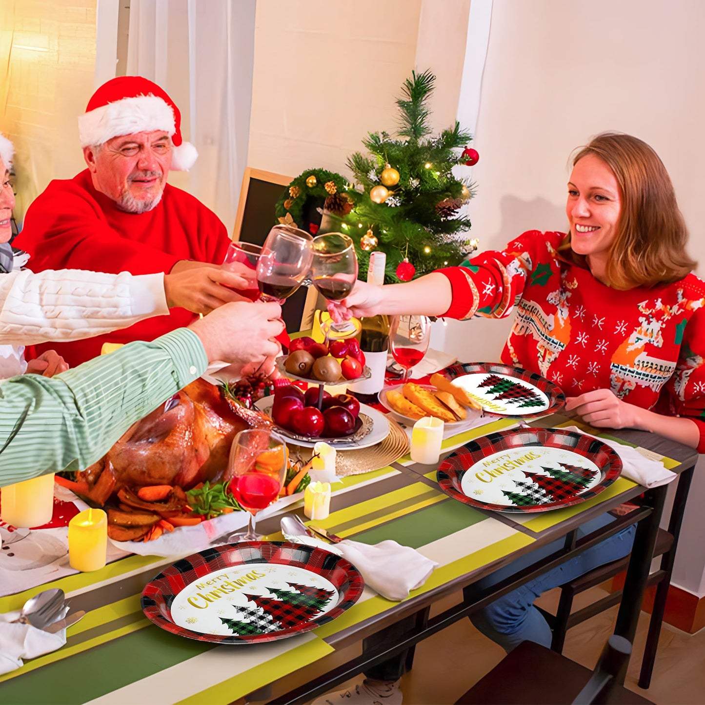 Christmas Paper Platters Disposable Christmas Trees Oval Party Plates 10" x 12" Large Buffalo Plaid Xmas Dinner Serving Platters for Xmas Party Supplies Dinnerware Table Decorations, 50 Pcs