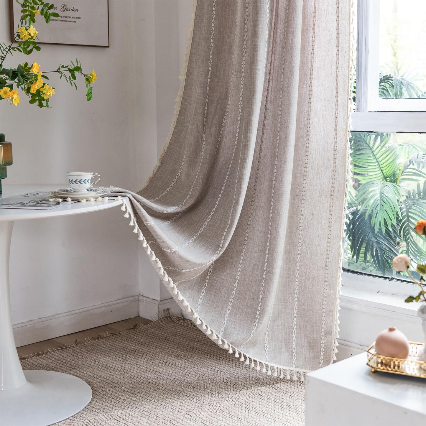 Boho Curtains with Tassel,Bohemian Curtains for Bedroom Living Room,Linen Semi Blackout Window Curtain Farmhouse Curtains Home Decor (Beige, 52" W x 84" L 1 Panel)