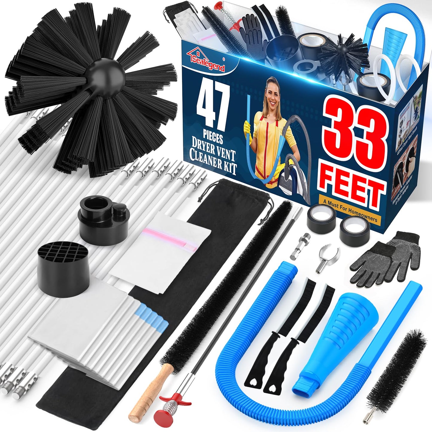 Sealegend 47-Piece Dryer Vent Cleaning Kit Omnidirectional Cleaner Include 33 Feet Dryer Vent Brush Blue Dryer Vacuum Attachment Lint Brush Vacuum&Dryer Adapter