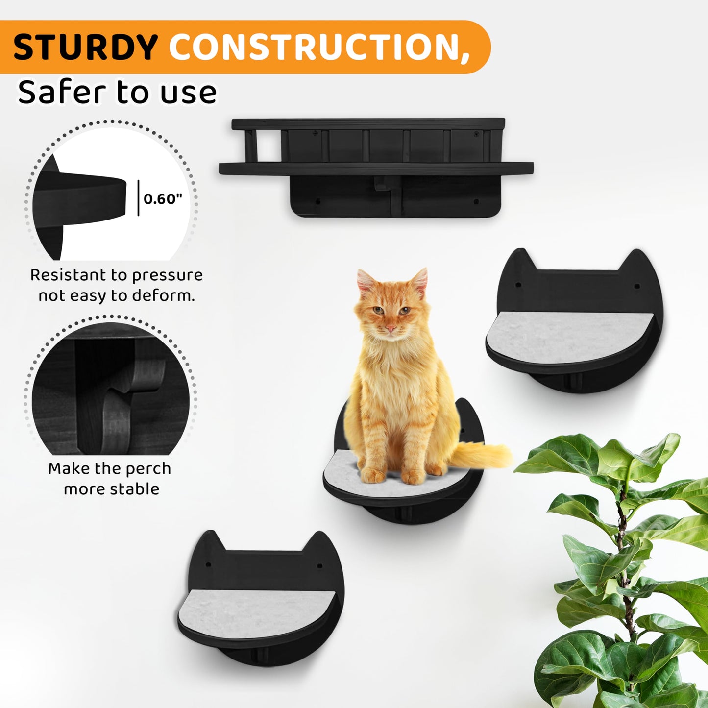 BUOGA Cat Wall Shelves with 3 Steps – Modern Mounted Cat Wall Furniture & Shelf, Premium Hardwood cat Bed for Climbing, Sleeping & Lounging, Indoor Hammock for Large Cats - Black