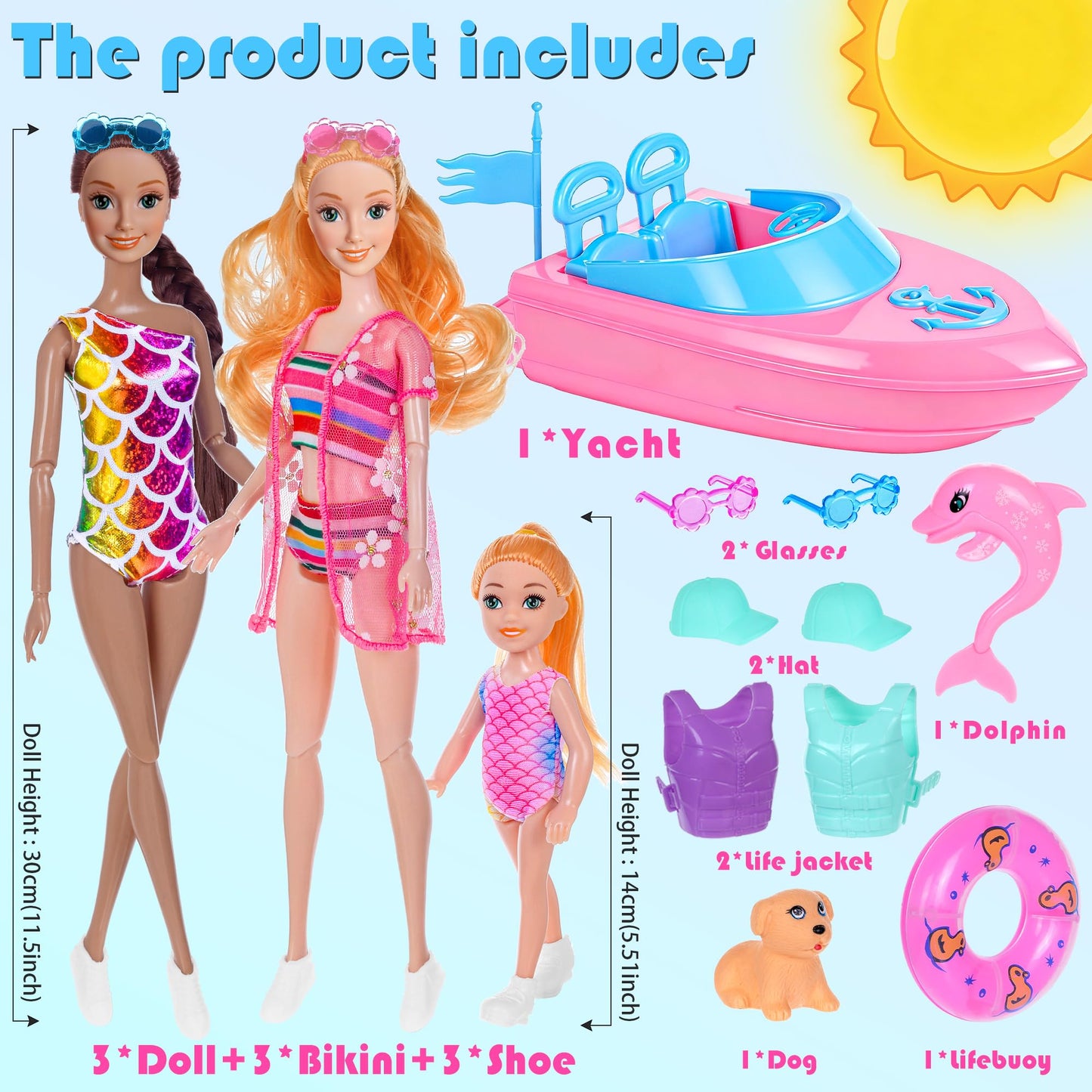 ebuddy Fashion Dolls and Boat Playset - 11.5 Inch Dolls with Swimwear, Life Vests, Accessories, 5.5 Inch Doll, Pet Puppy and Dolphin Toy - Summer Beach Adventure Gift Set for Girls