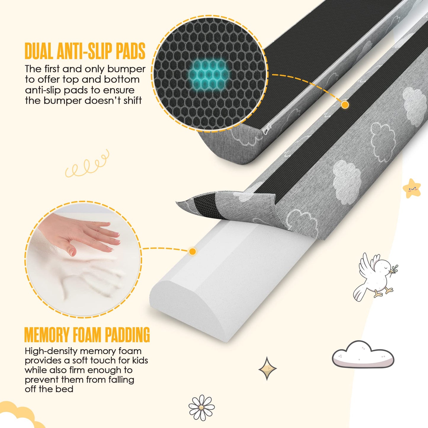 Sleepah Bed Rail for Toddlers (1 Pack) Memory Foam Bed Bumper Guard w Dual Non-Slip Pads (Top & Bottom) Bed Rail is Waterproof Washable Soft Removable Cover for Kids, Adults & Seniors (1)