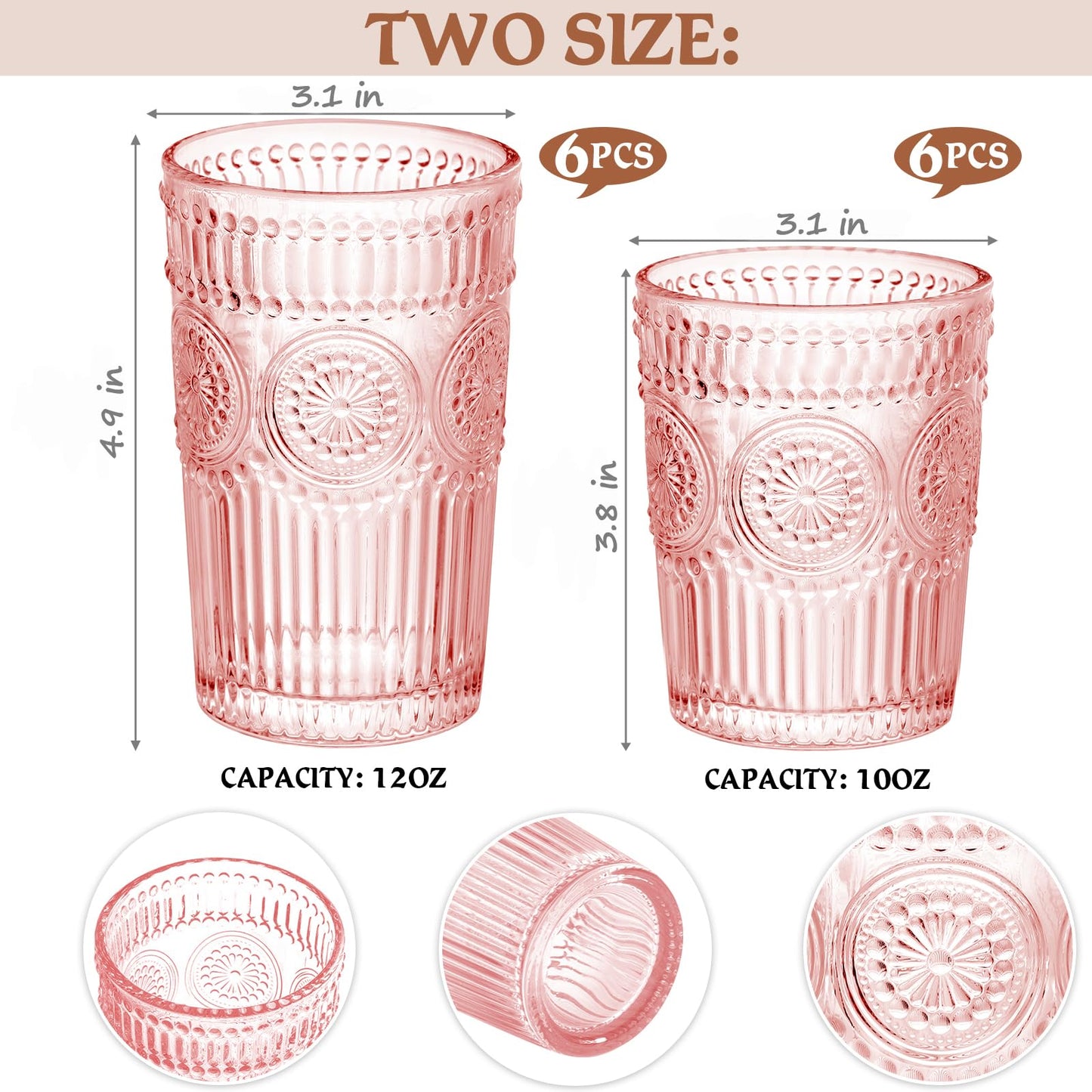 megarte Vintage Drinking Glasses Set - 12 Piece Textured Embossed Glassware 6 Highball Glasses 12 oz & 6 Rocks Glasses 10 oz Romantic Cocktail Cups for Iced Water Juice Tea Beverage Coffee Pink