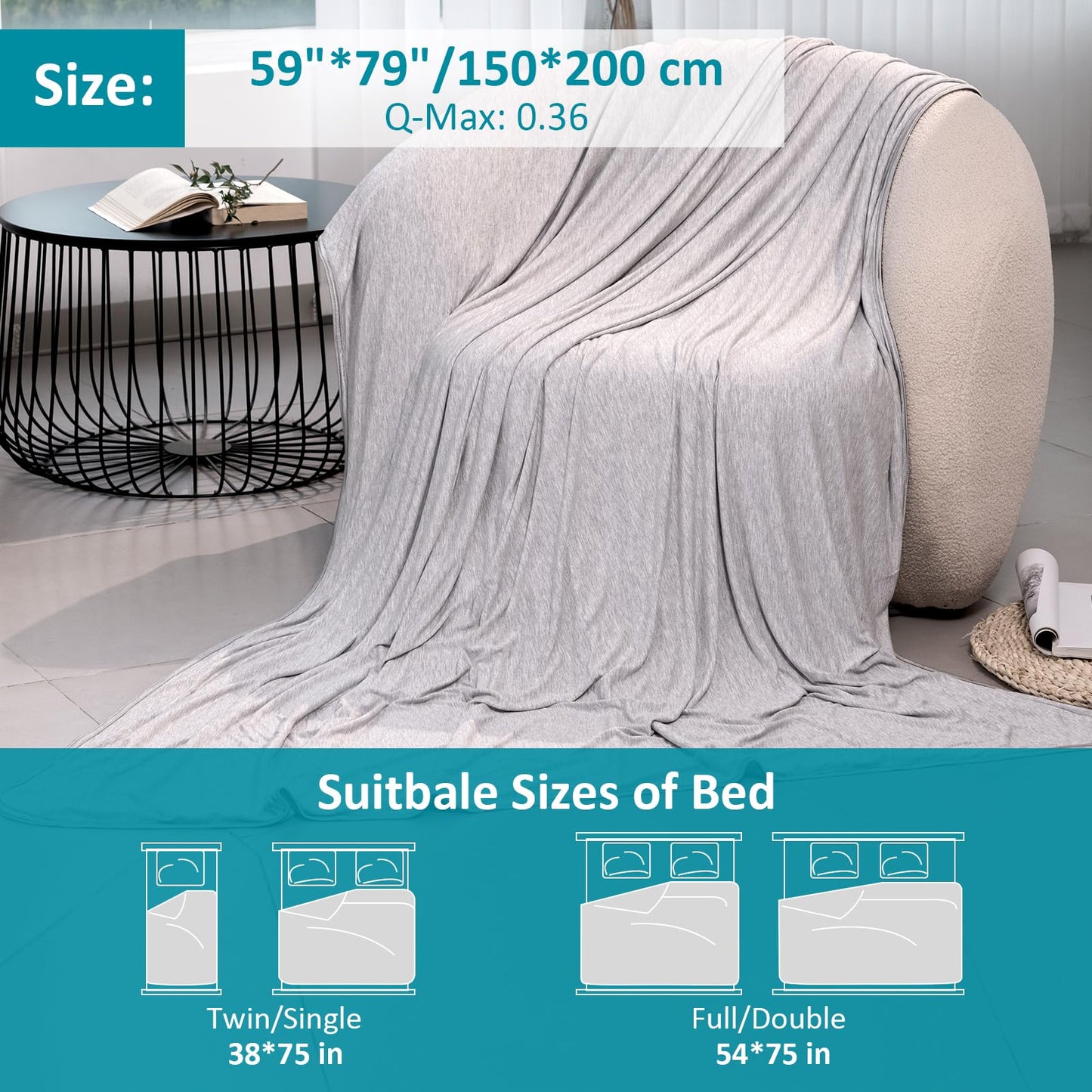 Uplayteck Cooling Blanket Double-Sided Ice Blanket Single with Breathable Cold Fabric, Machine Washable, Summer Blanket for Hot Sleepers & Night Sweats (Grey, 59 x 79 inches)