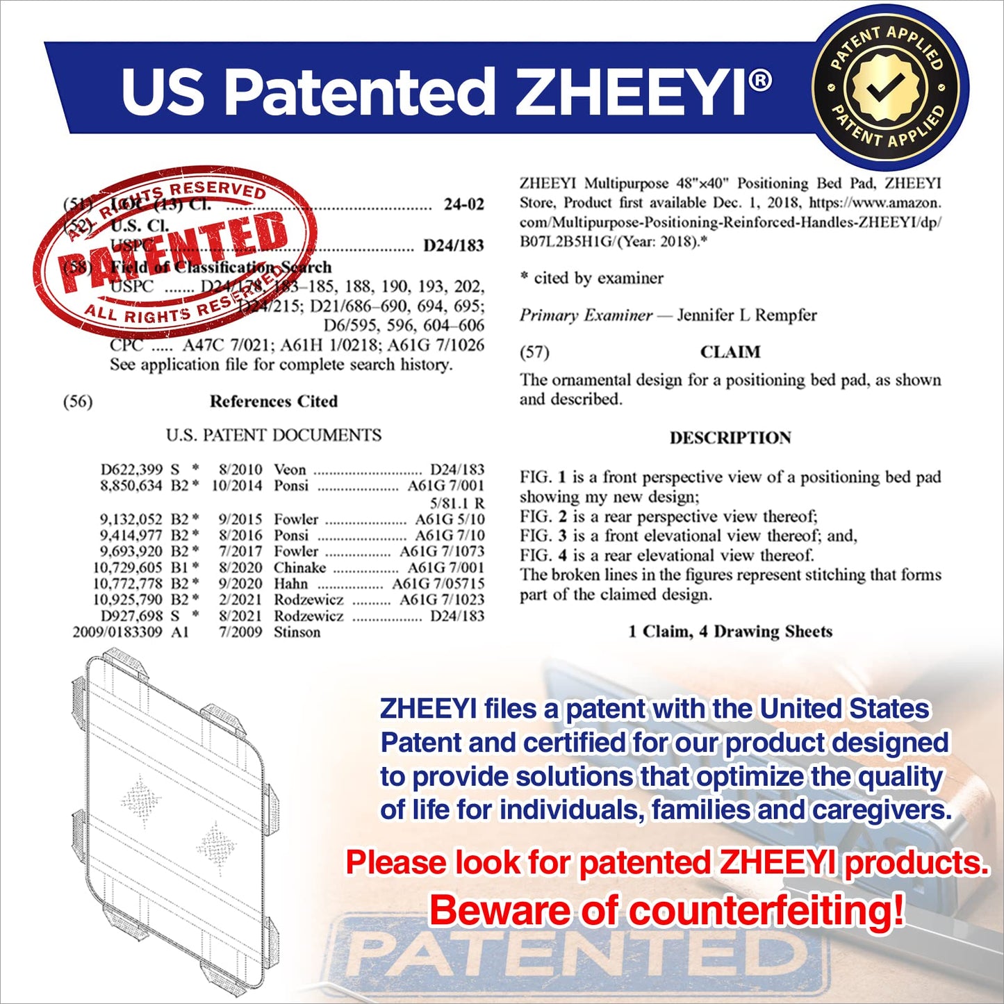 ZHEEYI Multipurpose 48" x 40" Positioning Bed Pad with Reinforced Handles - Reusable & Washable Patient Sheet for Turning, Lifting & Repositioning - Double-Sided Nylon Fabric, Pink