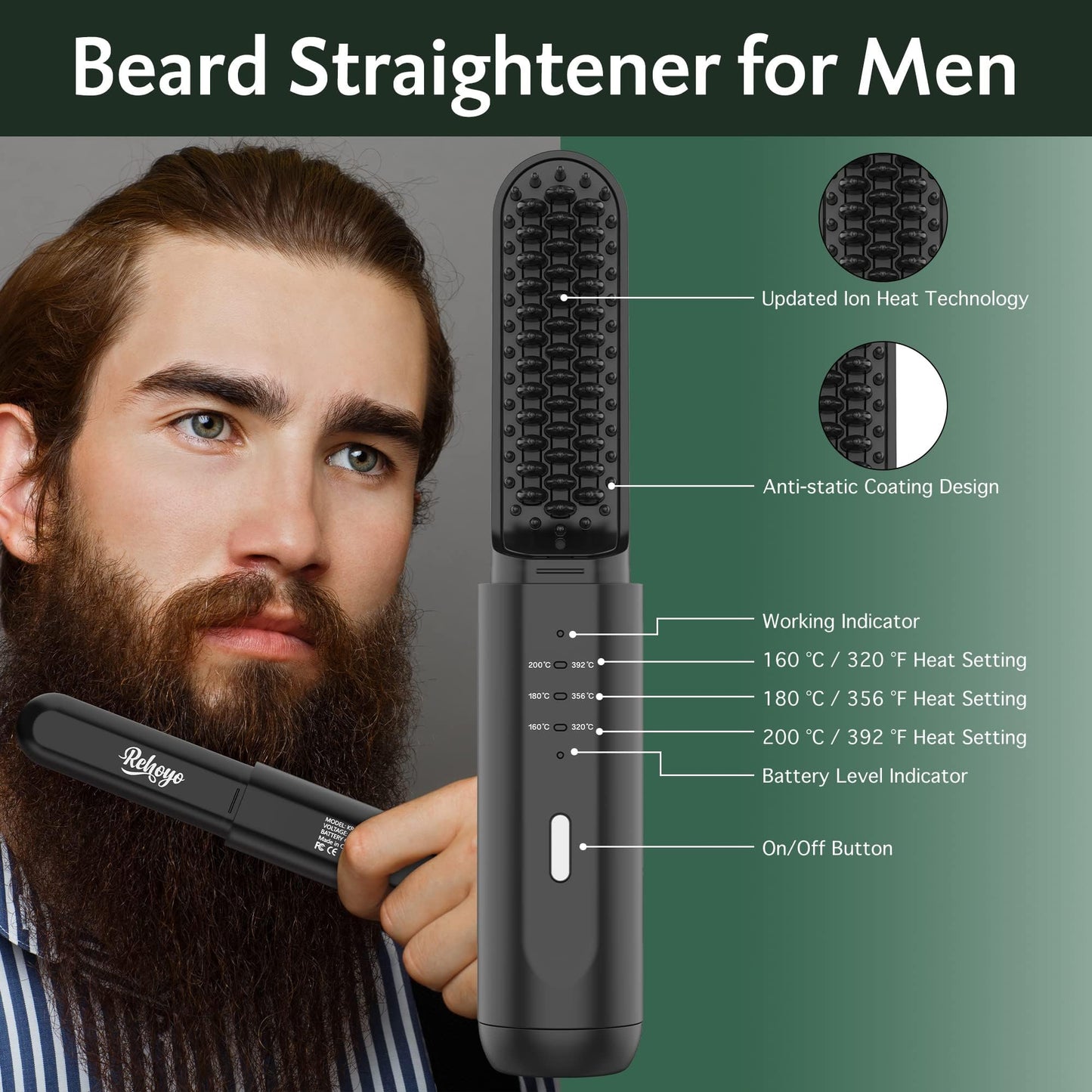 Beard Straightener for Men, REHOYO Cordless Heated Hair & Beard Brush with Anti-Scald & Ionic Technology, 3 Temperature Setting Beard Straightener Comb, Portable Straightening Brush, Fathers Day Gift
