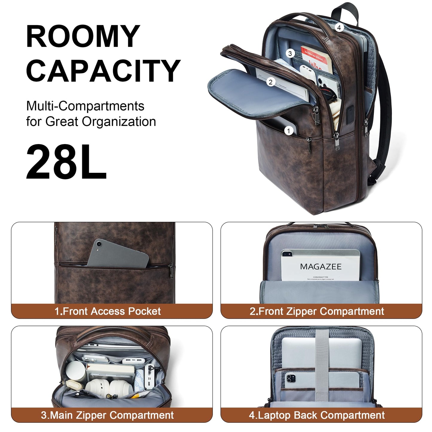 Vegan Leather Laptop Backpack for Women&Men,16 Inch Expandable Backpack with USB Charging Port,Two-toned Coffee