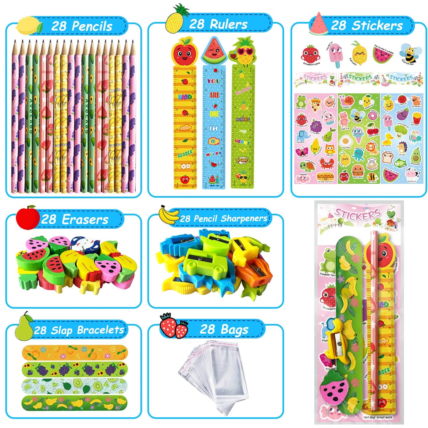 Stationery Party Packs, Birthday Goodie Bags with Stickers Rulers Pencils Erasers Sharpeners Slap Bracelets for Goodie Bags Classroom Return Gifts Class Birthday Gifts for Student (28Pack)