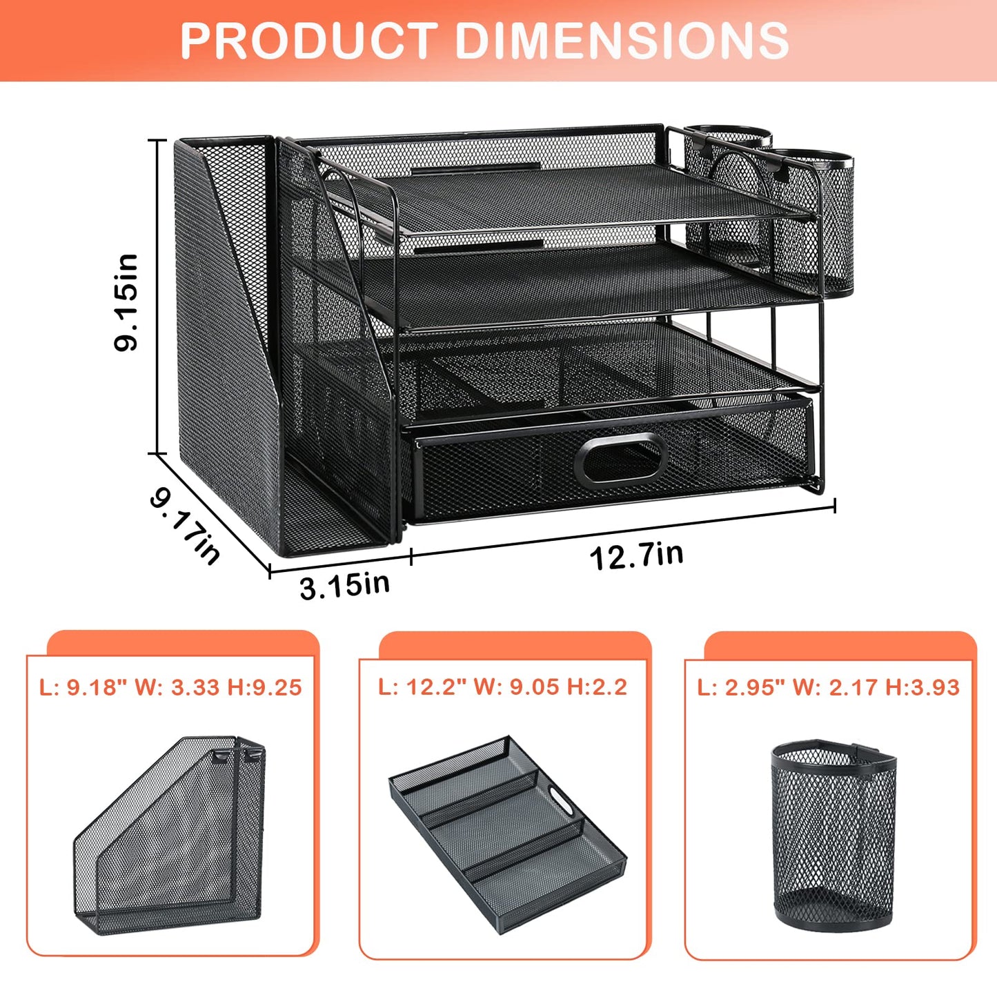 Desk Organizer with File Holder, 4-Tier Letter Paper Tray Organizer with Drawer & 2 Pen Holders, Desk Organizers and Accessories, Mesh Desktop File Organizer and Storage for Office Supplies