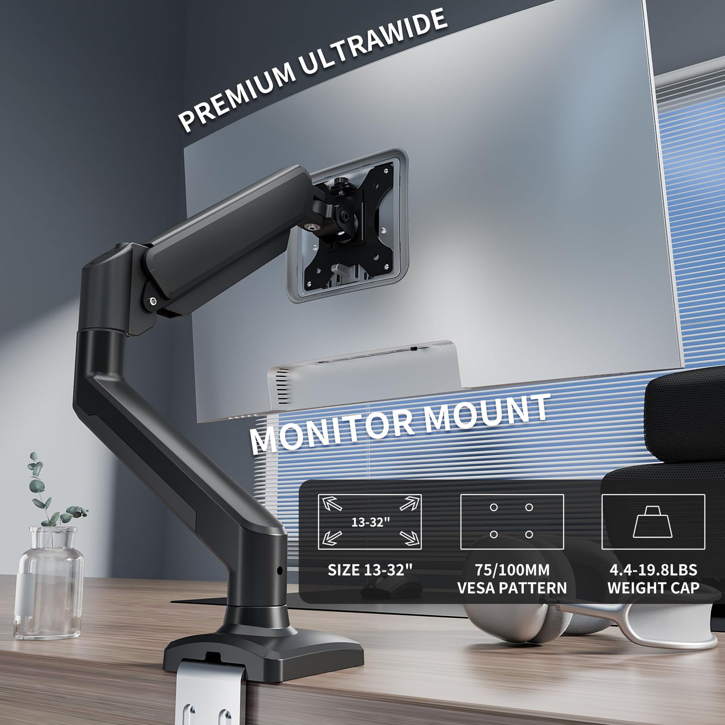 C-MOUNTS Single Monitor Arm Desk Mount，Gas Spring Monitors Arm for 17-32 inch Screens,Adjustable Computer Monitors Stand up to 4.4 to 19.8 lbs,Vesa Mount with Clamp and Grommet Base, VESA 75 & 100mm