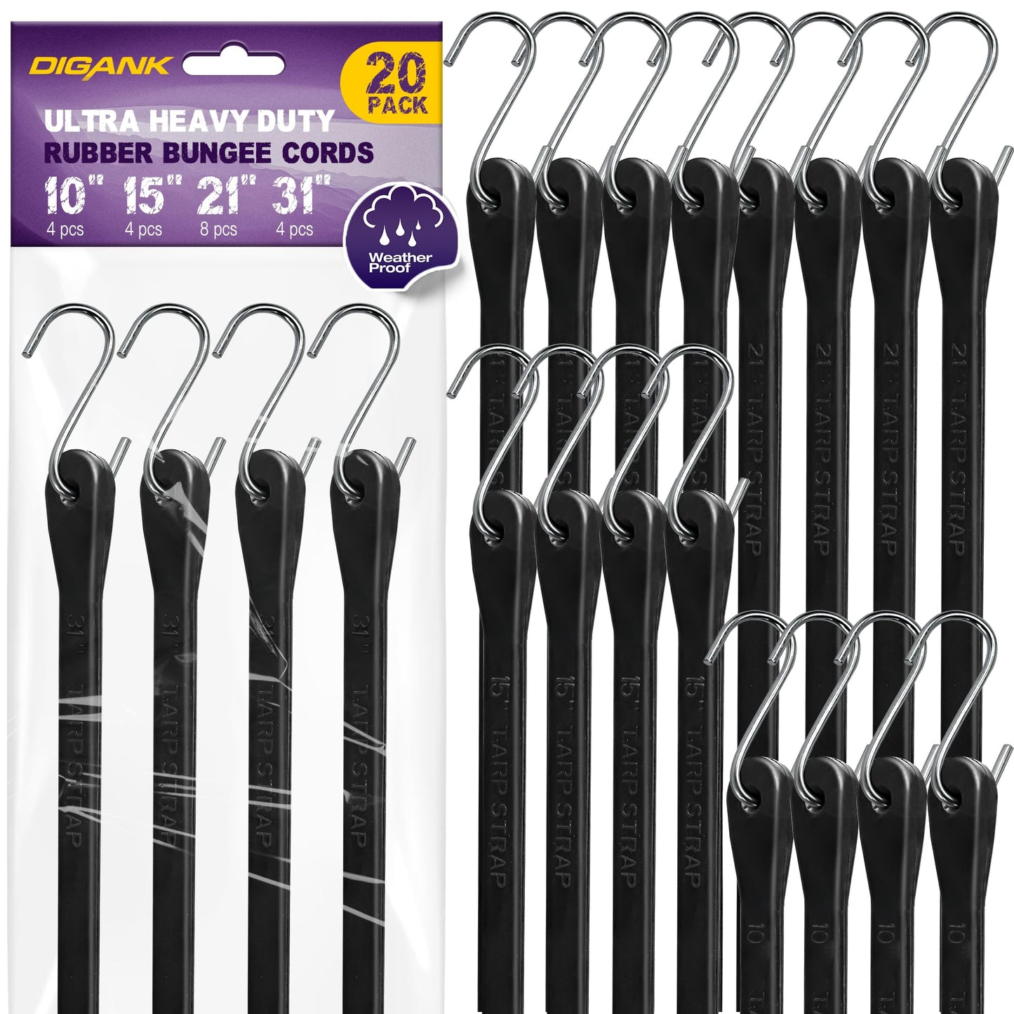 Bungee Cords with Hooks (20 Pack) Heavy Duty Outdoor Rubber Tarp Straps in 10", 15", 21", 31" Sizes, Crimped S Hooks for Securing Cargo, Bikes, Camping Gear, Luggage - Max Stretch 1.5X, Load 180 lbs