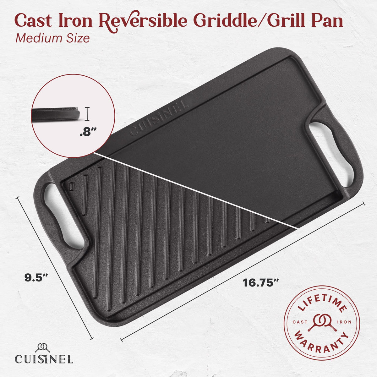 Cast Iron Griddle/Grill + Burger Press + Pan Scrapers - Reversible Pre-Seasoned 16.75" X 9.5"-inch Dual Handle Flat Skillet and Griller Pan + Cleaning Accessories - Indoor/Outdoor Stove Burner Safe
