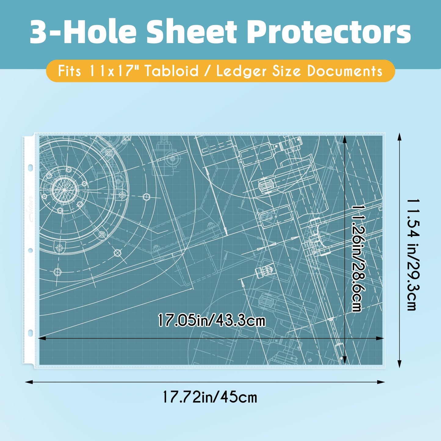 Antner 11x17 Inch Sheet Protectors (50-Pack) - Tabloid Size Heavy Duty Clear Plastic Archival Sleeves, 3 Hole Punched for 3-Ring Binders, Side Loading Oversized Page Protectors for Documents Newspaper