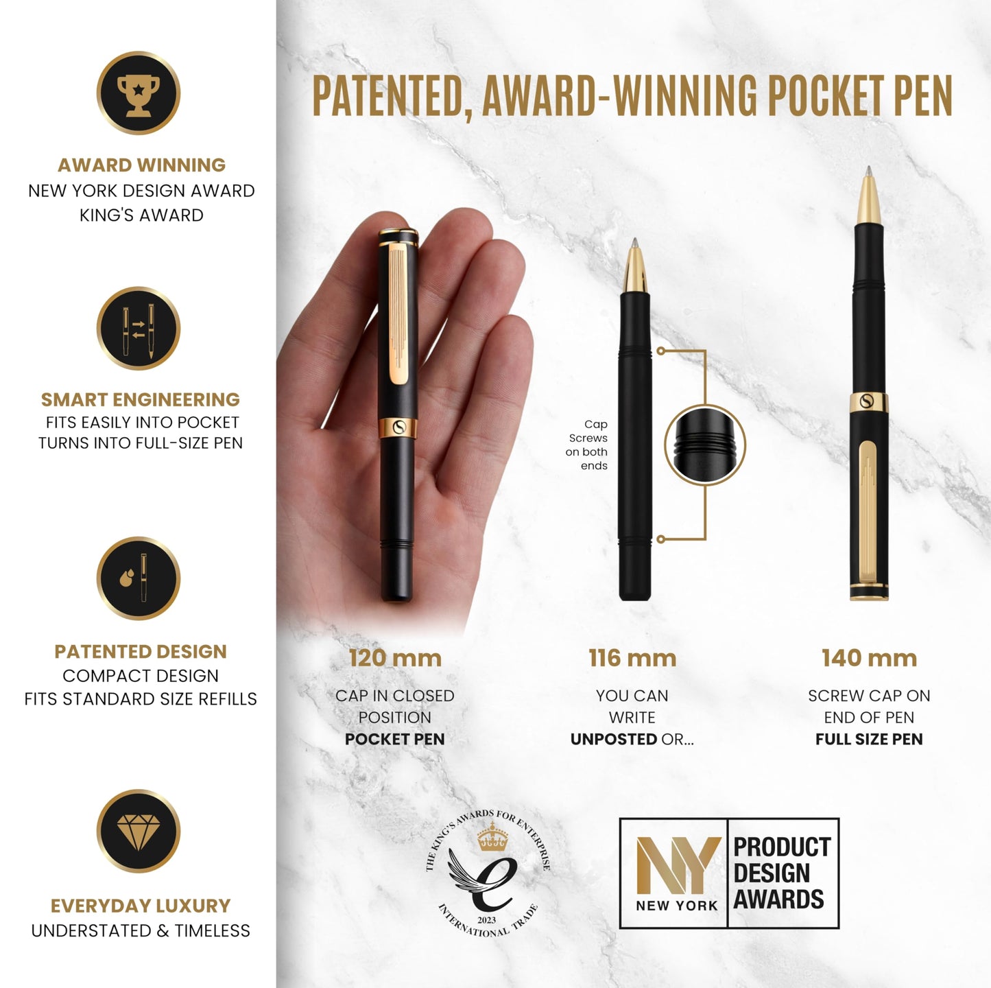 Scriveiner Black Rollerball EDC Luxury Pen, Stunning Pocket Pen, Real Gold Plating, Cool Writing Pen, Best Pen Gift for Men, Women, German Schmidt Refill, Nice Present, Fancy Office Designer Pen Set