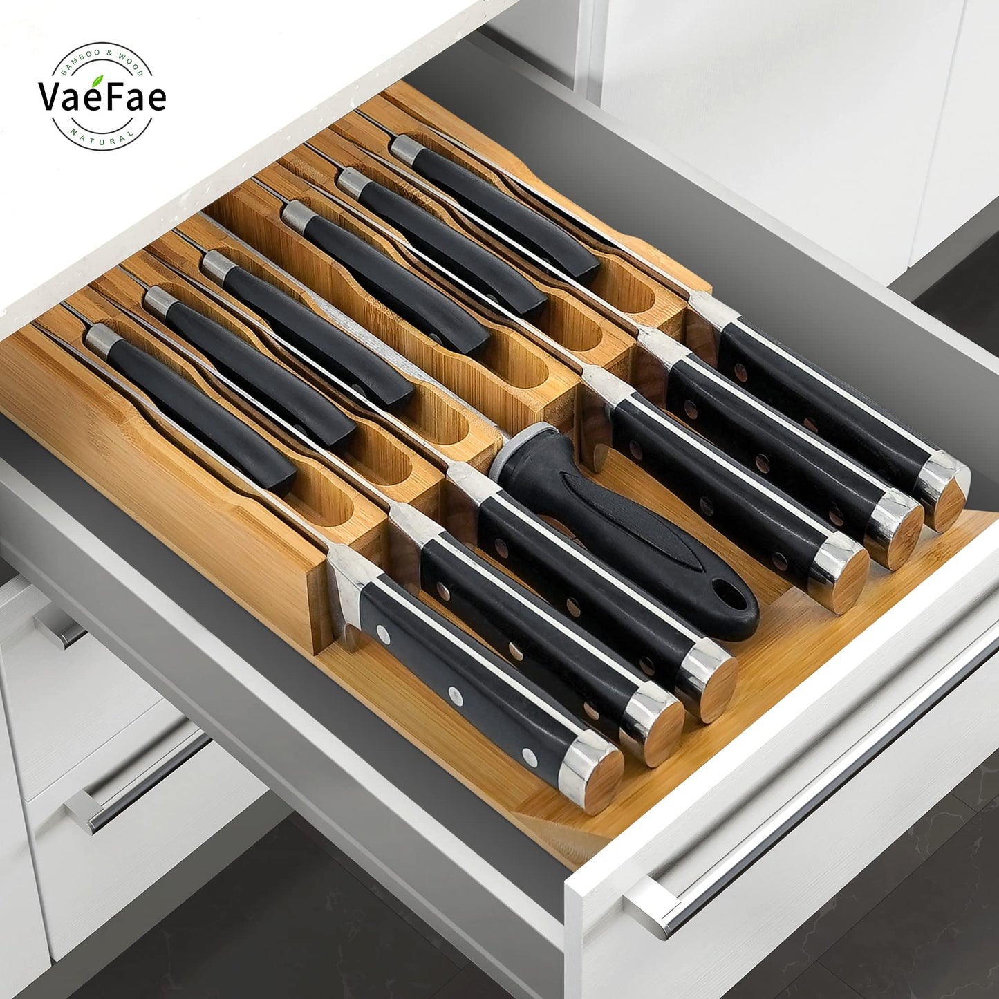 VaeFae Bamboo Knife Drawer Organizer Insert, Kitchen Drawer Knife Block for 12 Knives and a Plus Slot for Your Knife Sharpener (Without Knives)