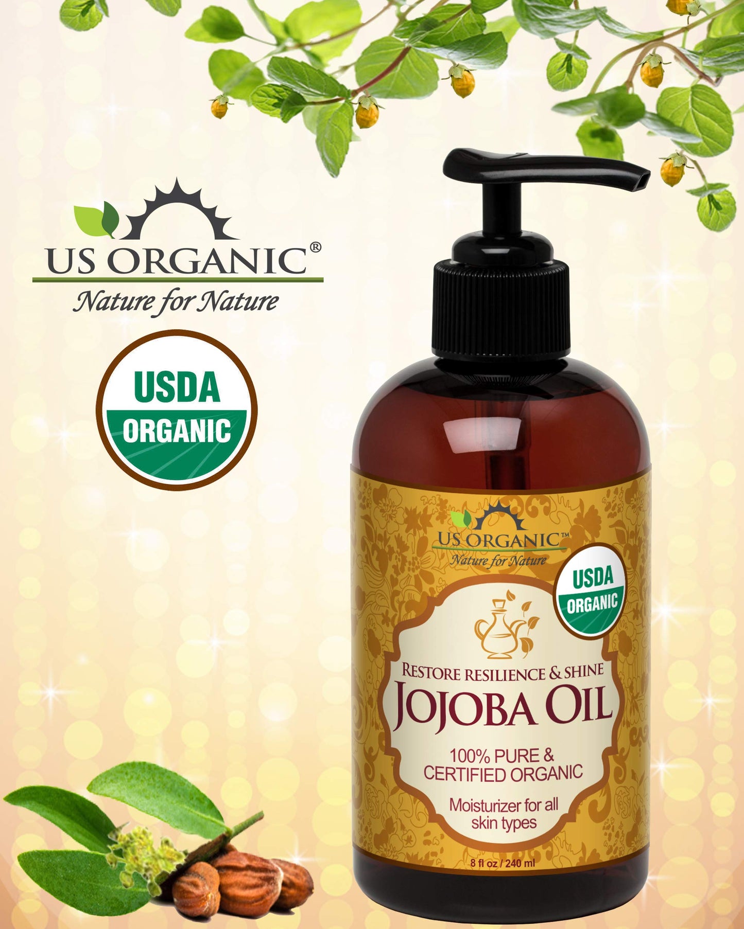 US Organic Jojoba Oil, USDA Certified,100% Pure & Natural, Cold Pressed, Virgin, Unrefined, Amber Glass Bottle with Glass Eye Dropper for Easy Application, Sourced from Israel, 8 oz (240 ml)
