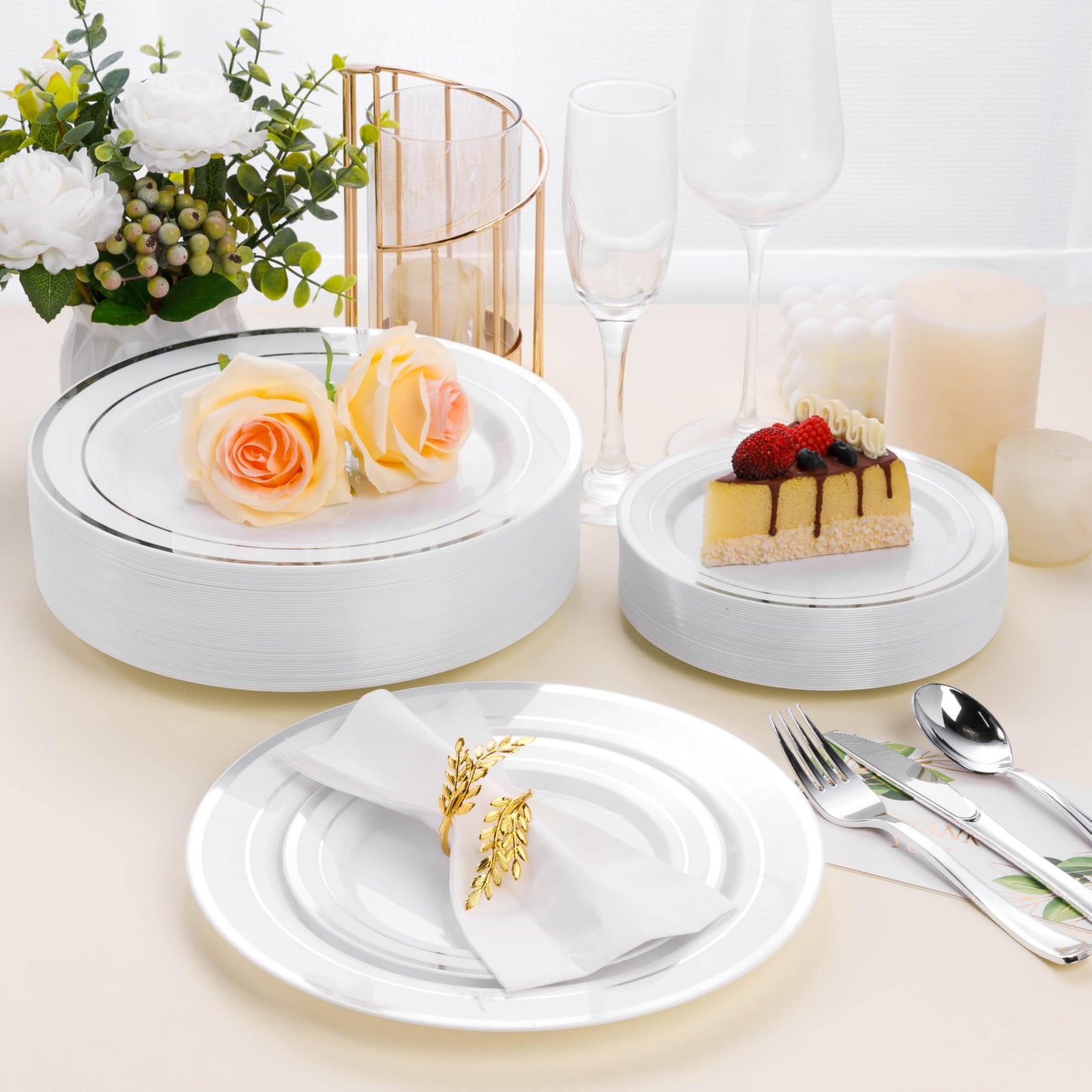 BESTSTAR 7 Inch White Plastic Plates,100PCS Disposable Dessert/Appetizer/Small Cake Plates with Silver Rim,Heavy Duty Plate Ideal for Wedding and Birthday