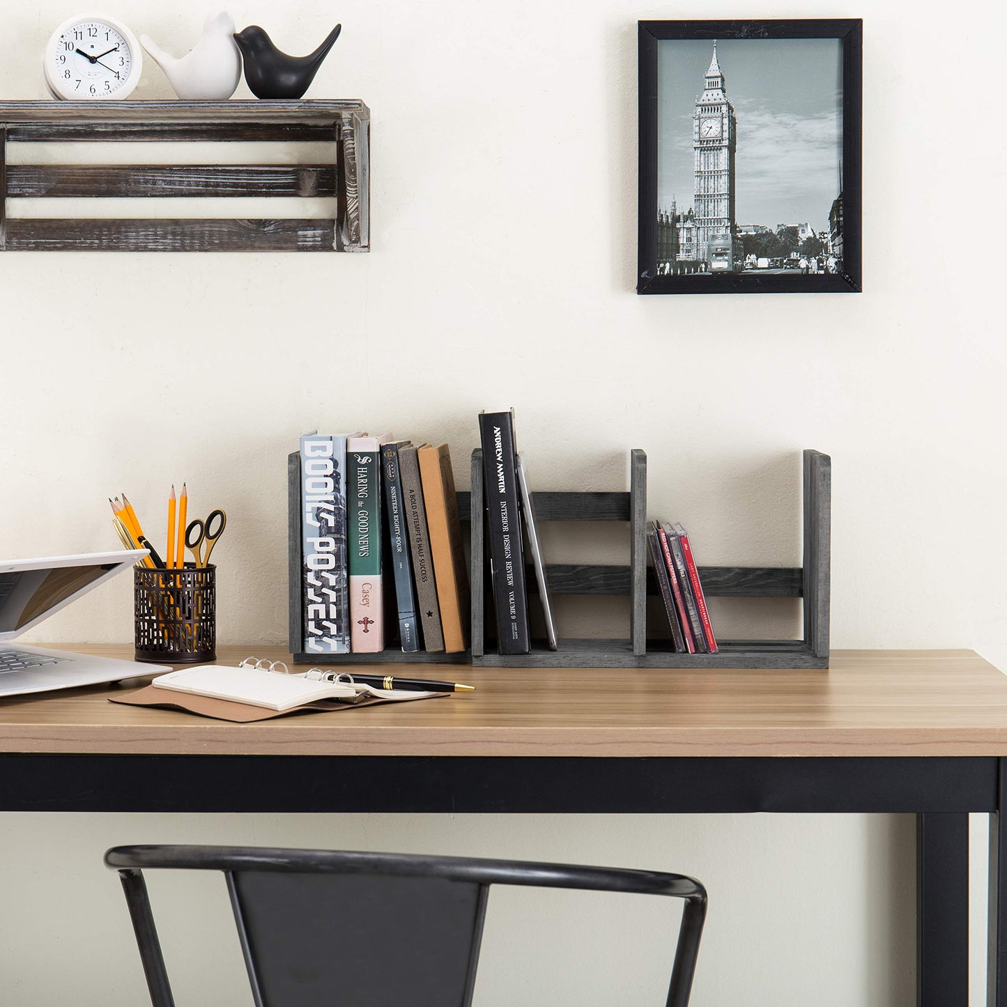 MyGift Expandable Gray Wood Desktop Bookshelf Organizer Rack