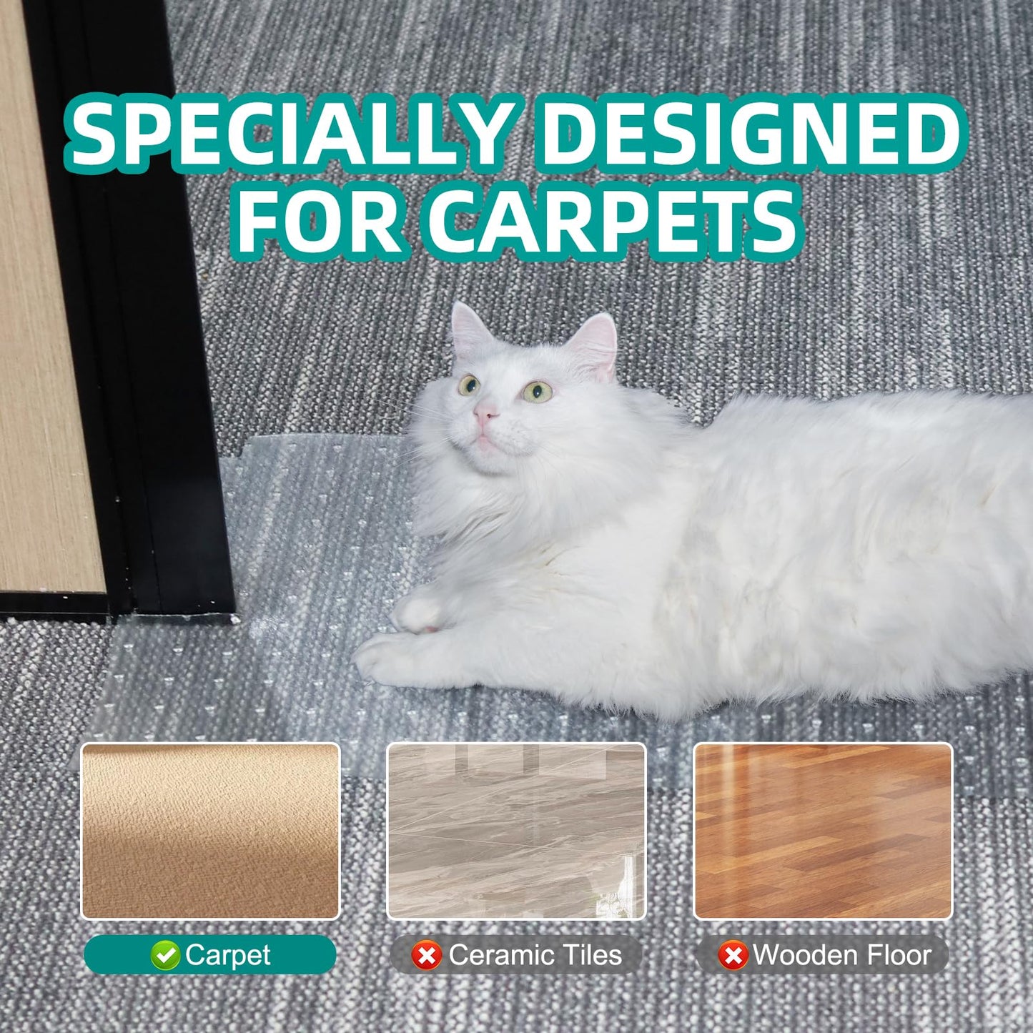 KHS 8.2FT Plastic Carpet Protector for Pets, Carpet Scratch Stopper, Non-Slip Doorway Protector Cat, Easy to Cut Cat Scratch Mat, Plastic Runners to Protect Mat