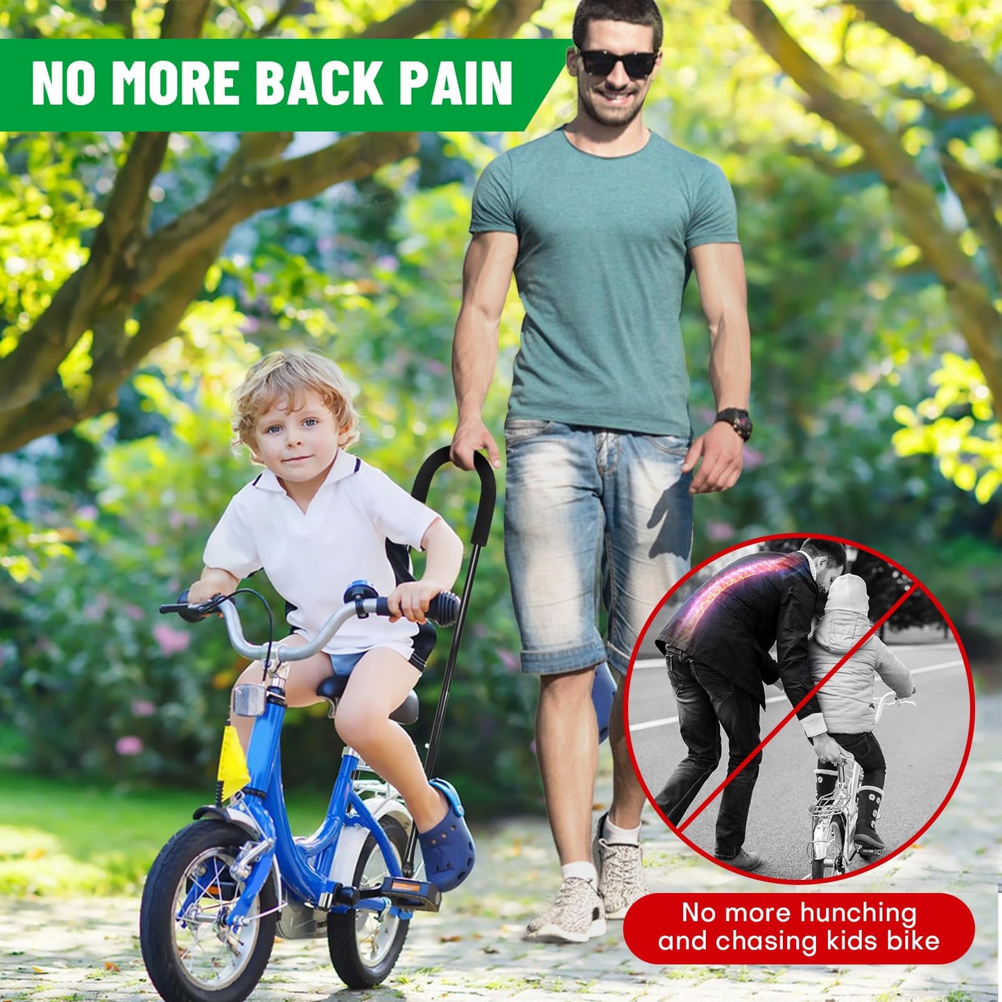 Upgrade Bike Training Handle, Extended 27"-33" Multi-Position Adjustable Children Bike Trainer Balance Push Bar for Kids Learning to Ride (4-Level Height Settings)
