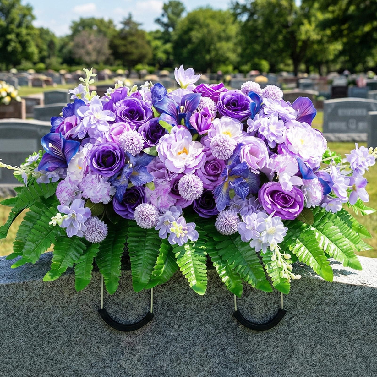 Memobloom Cemetery Flower Saddles for Headstones: Purple Flowers Artificial Outdoors Grave Decorations Spring Easter Memorial Day - Fake Rose Camellia Tombstone Flowers Saddle for Cemetery Gravestone
