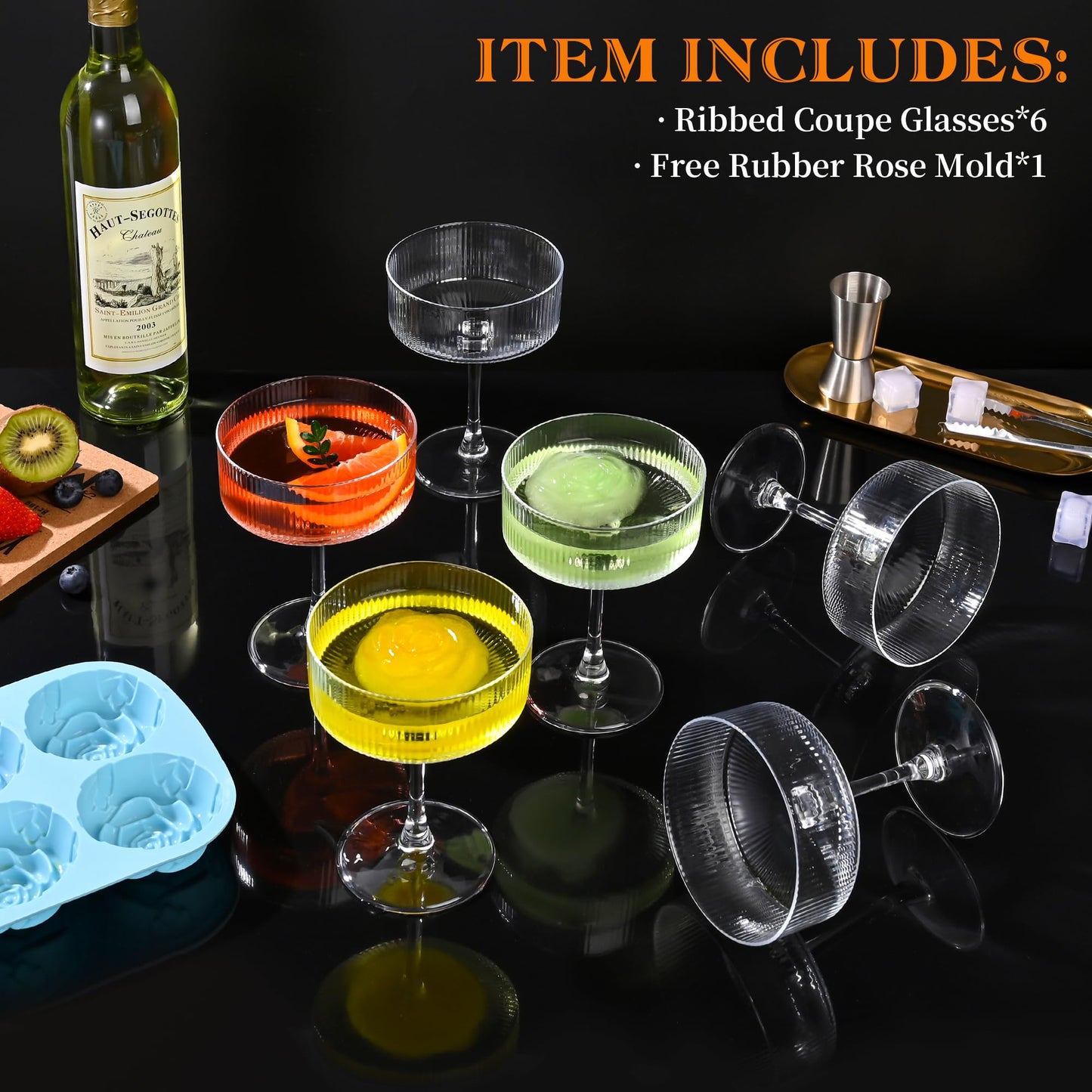 AMYOOLE Vintage Ribbed Coupe Glasses Set of 6-11oz Clear 100% Crystal Martini Glasses Elegant Cocktail Glasses, Transparent Glassware for Champagne, Margaritas, Espresso Comes with a Rose Ice Mold.