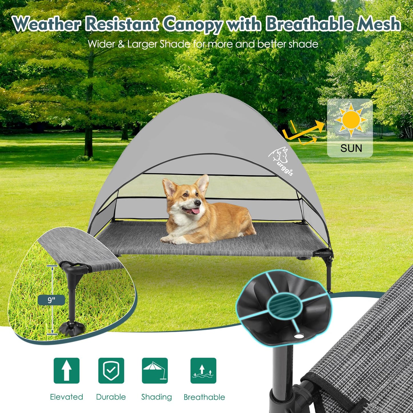 Upgraded Elevated Dog Bed with Canopy, Portable Raised Outdoor Dog Bed with Stable Anti-Slip Feet, Wider Shade Pet Bed Cot, Raised Dog Beds for Large Dogs Camping (Black & Grey, Large)