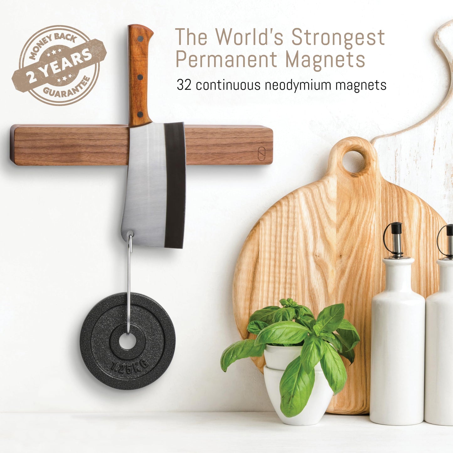 Walnut 16 inch Magnetic Knife Holder for Wall with Double Storage & Charming Wood - Knife Magnet Wall Mount, Magnetic Knife Strip, Magnetic Knife Block