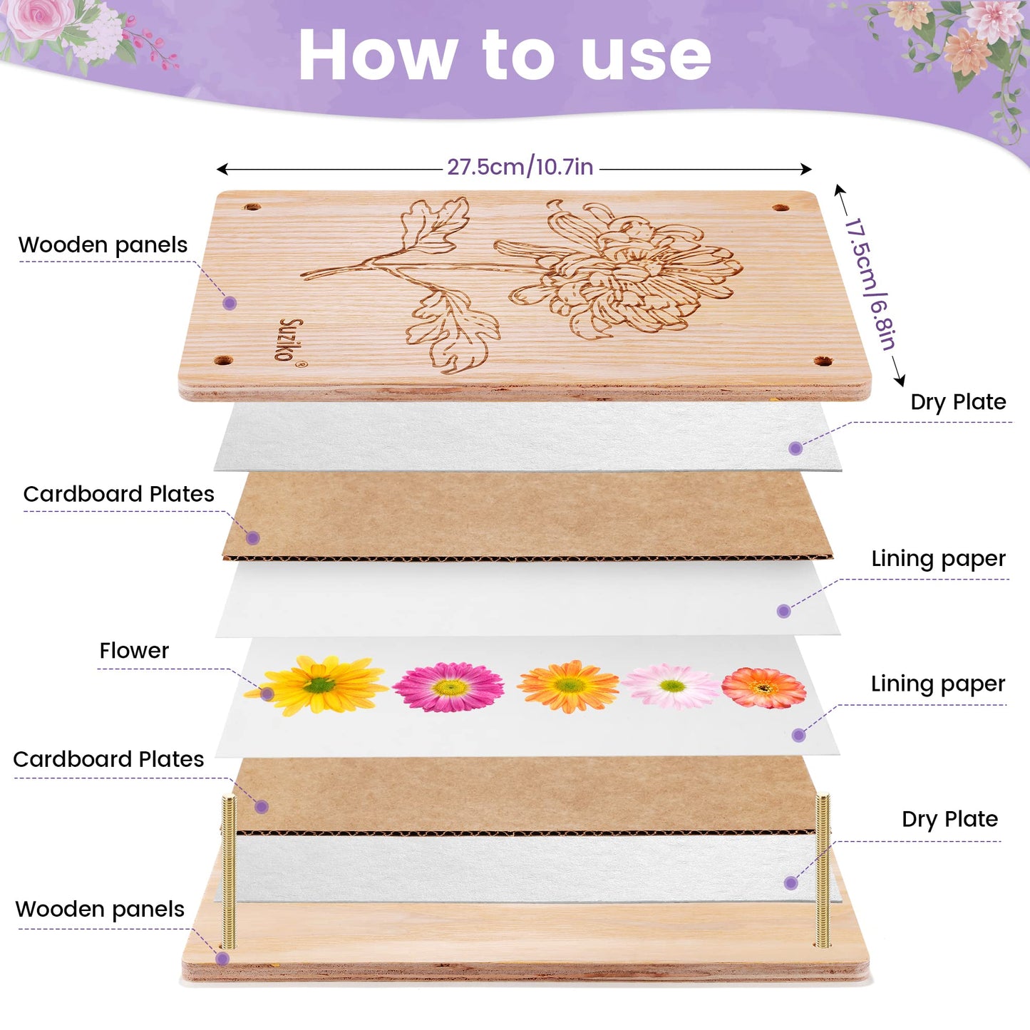 Suziko Large Flower Press Kit for Adults& Kids Flower &Plant Preservation Kit Measures 10.8" x 6.9" Suziko Leaves Press & Flower Press is a Great Gift for Lovers